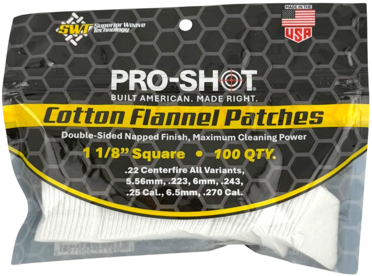 Pro-Shot 1-1/8in Square Patches 22-270cal 100pk 7 Pro-Shot 1-1/8in Square Patches 22cal to 270cal 100pk